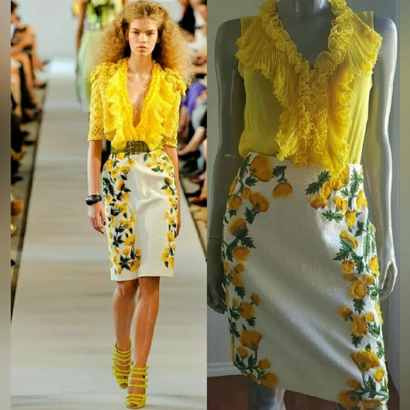 $3.600 NEW OSCAR DE LA RENTA STUNNING FLORAL SILK EMBROD RUNWAY SKIRT US 10